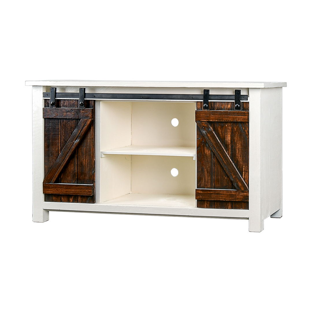 Narrow Barn Door TV Stand - Aged White & Tobacco