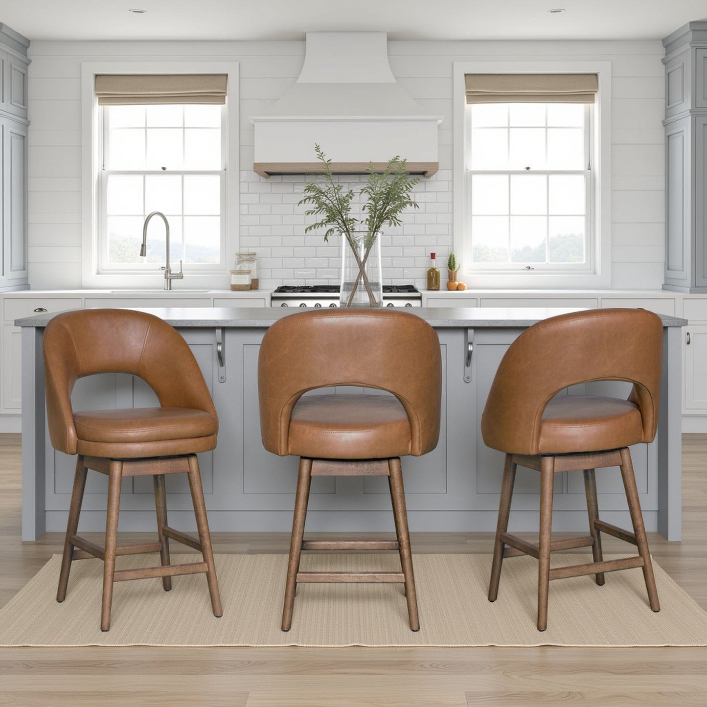 Adrian - 28.5" Mid-Century Modern Swivel Rubberwood Counter Or Bar Height Barstool With Faux Leather Seat - Toffee