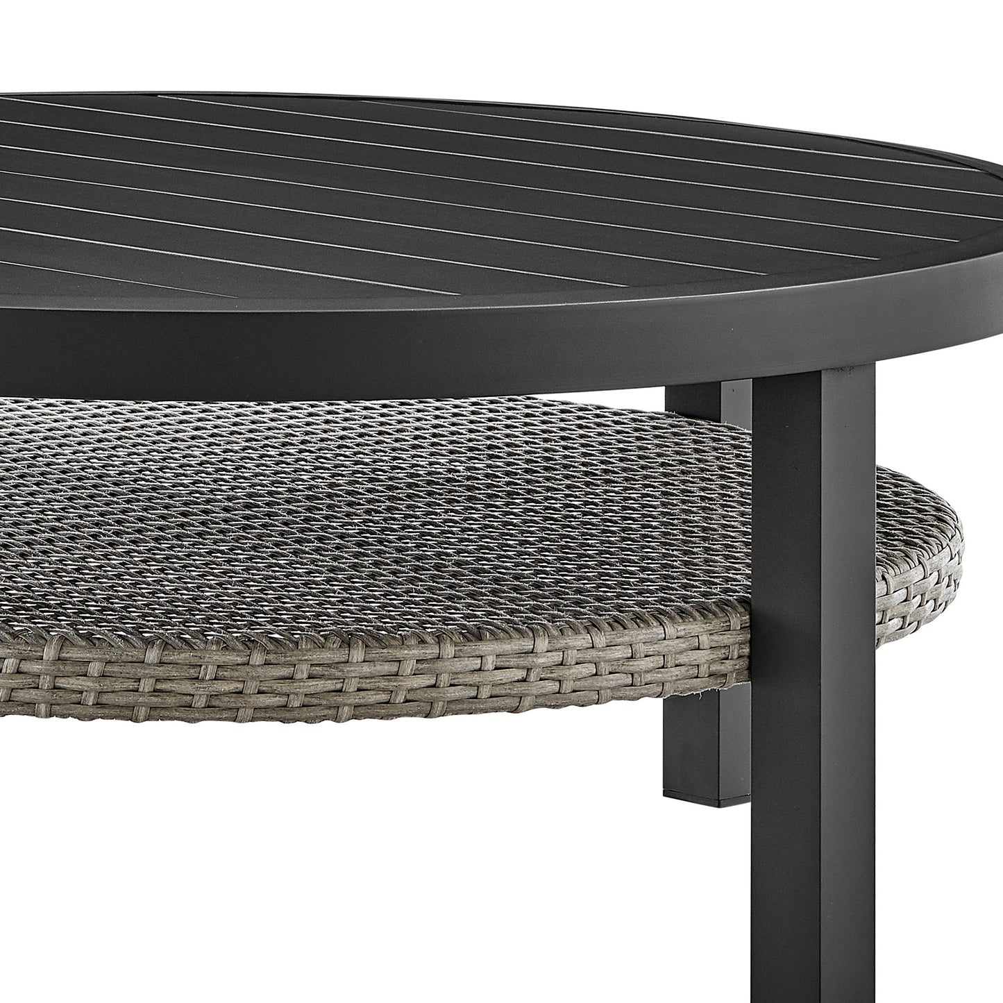 Aileen - Outdoor Patio Round Coffee Table - Black Aluminum With Gray Wicker Shelf