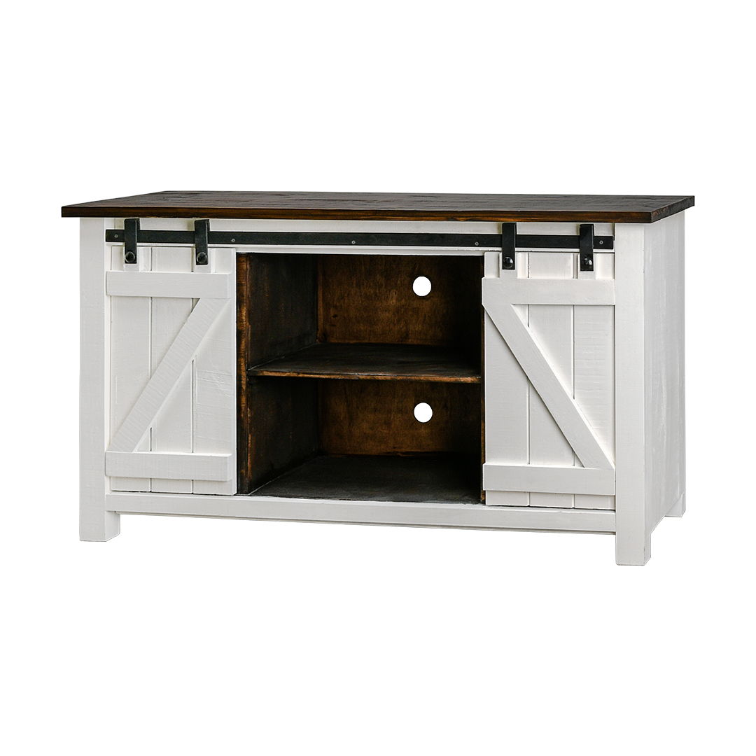 Narrow Barn Door TV Stand - Aged White / Tobacco