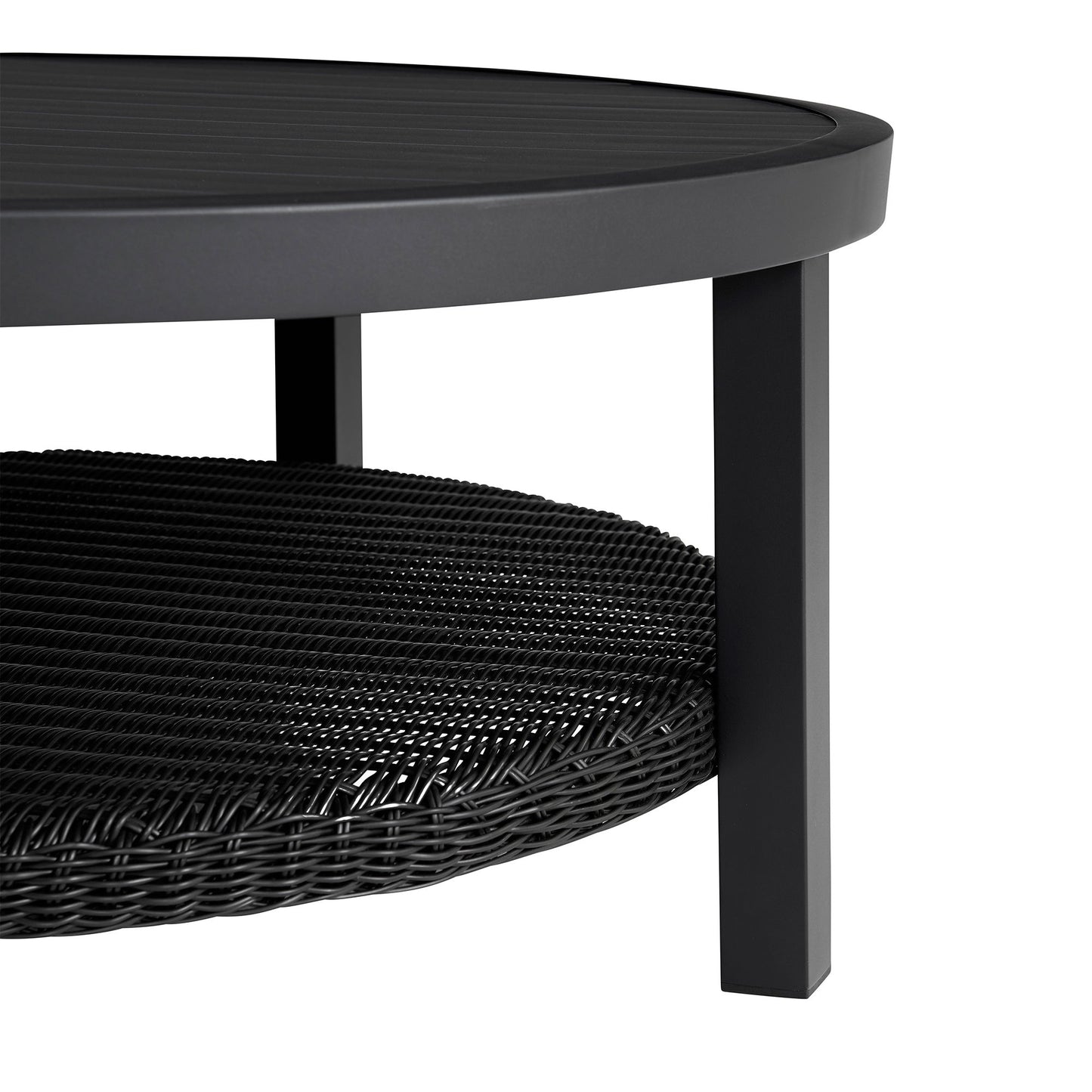 Grand - Aluminum Outdoor Round Conversation Table With Wicker Shelf - Black