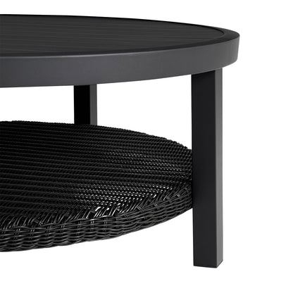 Grand - Aluminum Outdoor Round Conversation Table With Wicker Shelf - Black