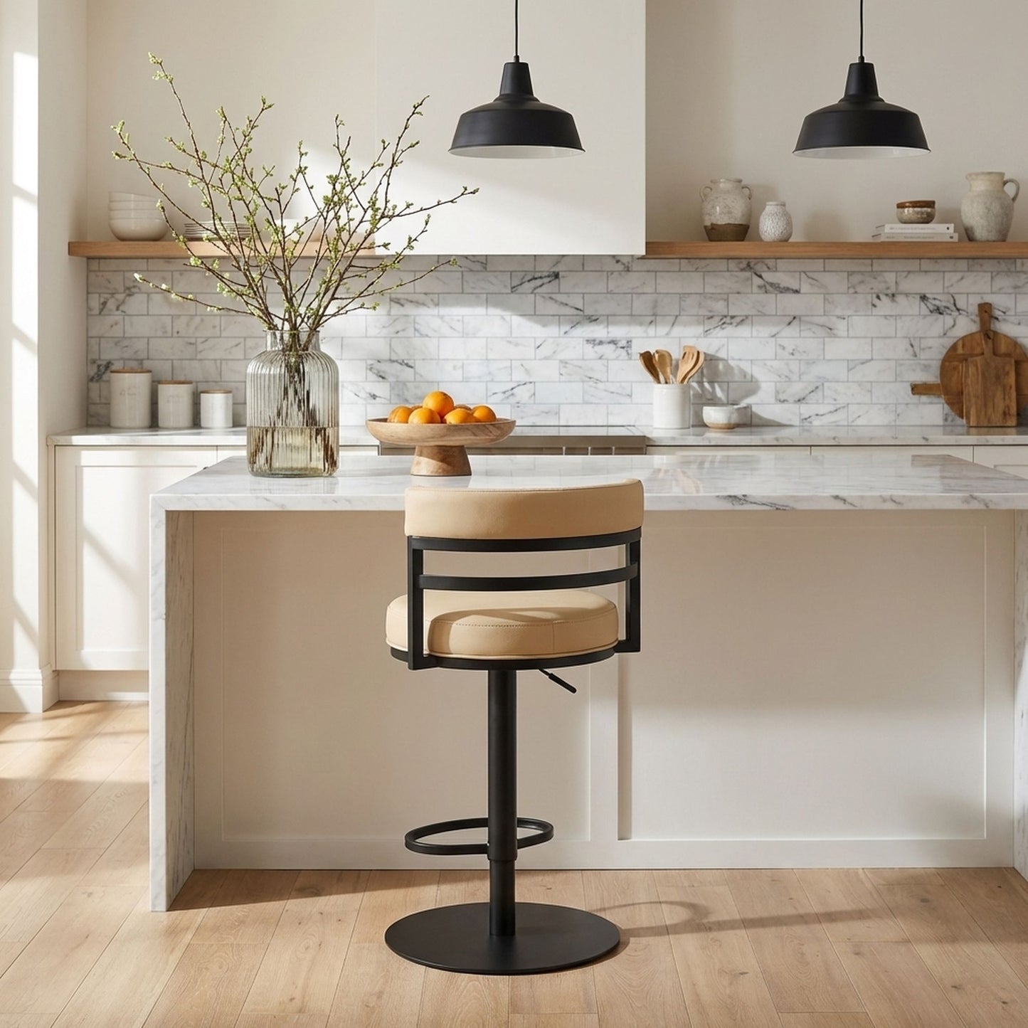 Judi - Modern Industrial Swivel Metal Adjustable Height Barstool With Faux Leather Seat - Black Finish