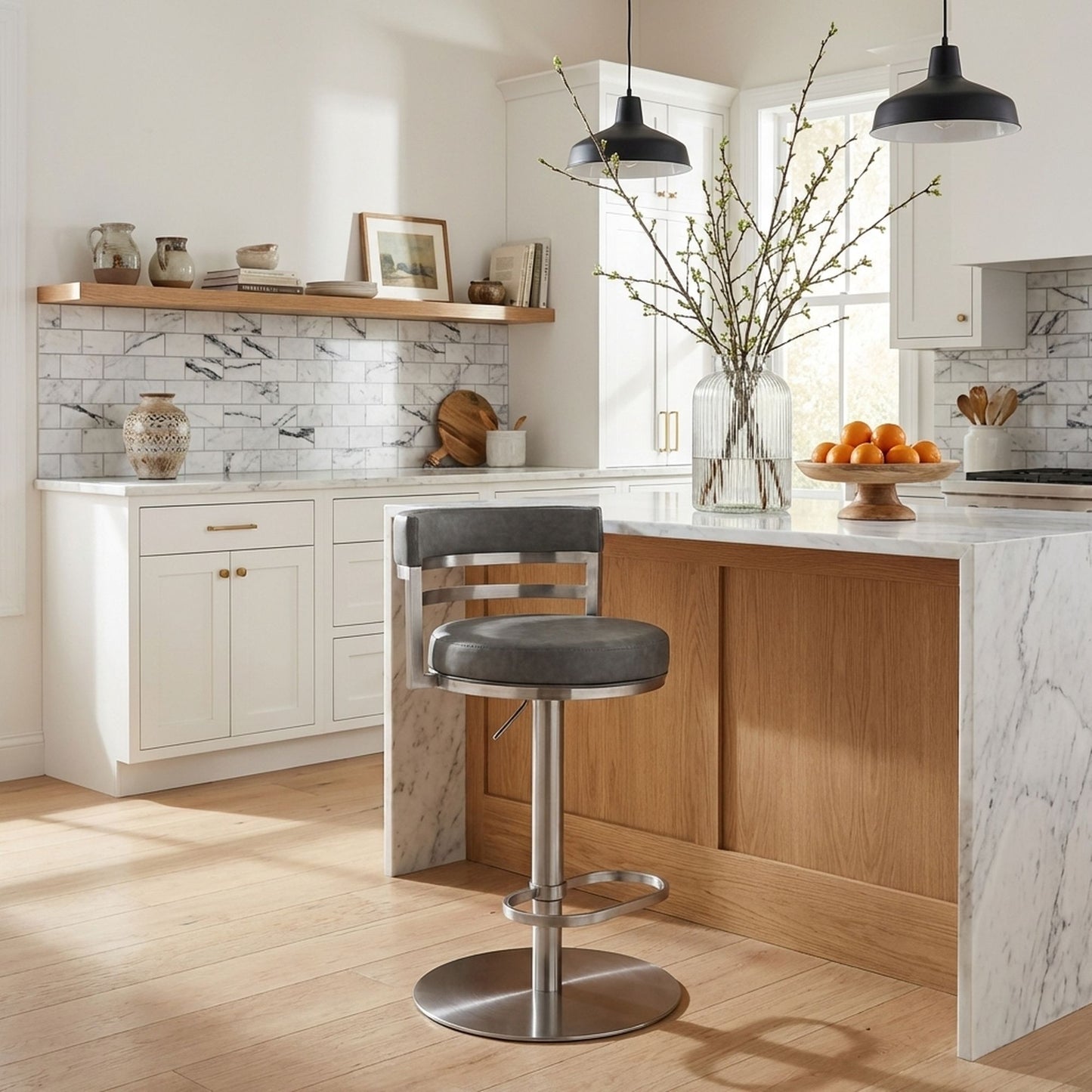 Judi - Modern Industrial Swivel Metal Adjustable Height Barstool With Faux Leather Seat - Silver Finish