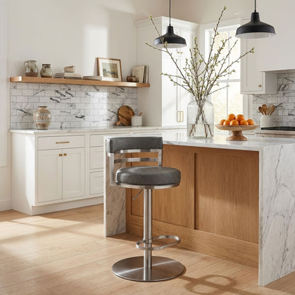 Judi - Modern Industrial Swivel Metal Adjustable Height Barstool With Faux Leather Seat - Silver Finish