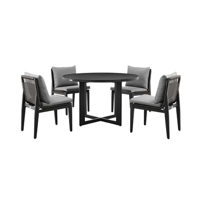 Cayman - Outdoor Patio 5-Piece Round Dining Table Set In Aluminum With Gray Cushions