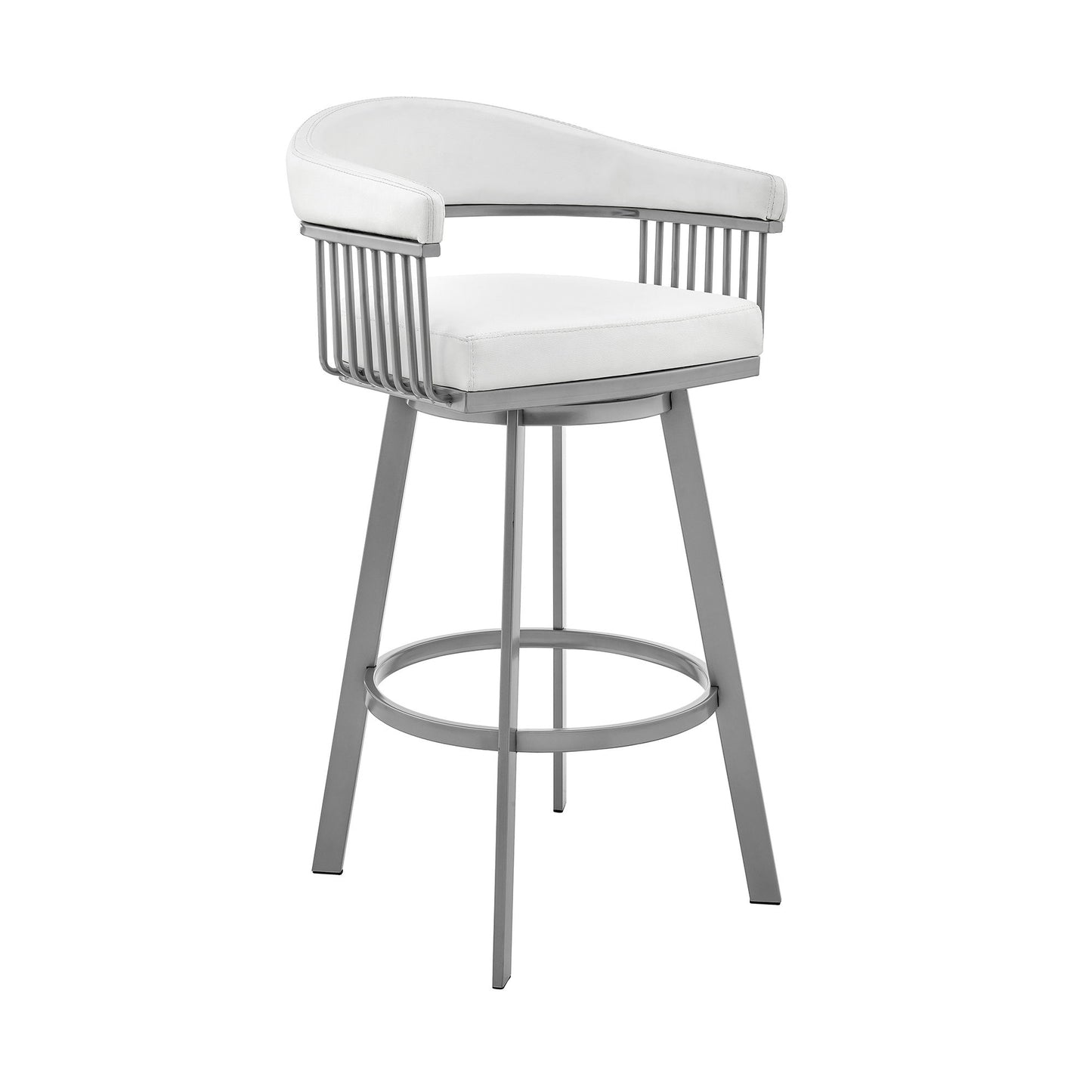 Bronson - 25" Counter Height Swivel Bar Stool - Silver Finish And White Faux Leather