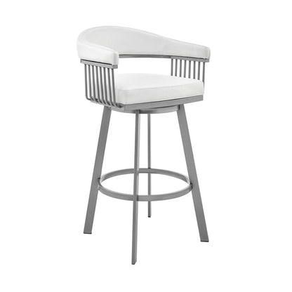Bronson - 25" Counter Height Swivel Bar Stool - Silver Finish And White Faux Leather