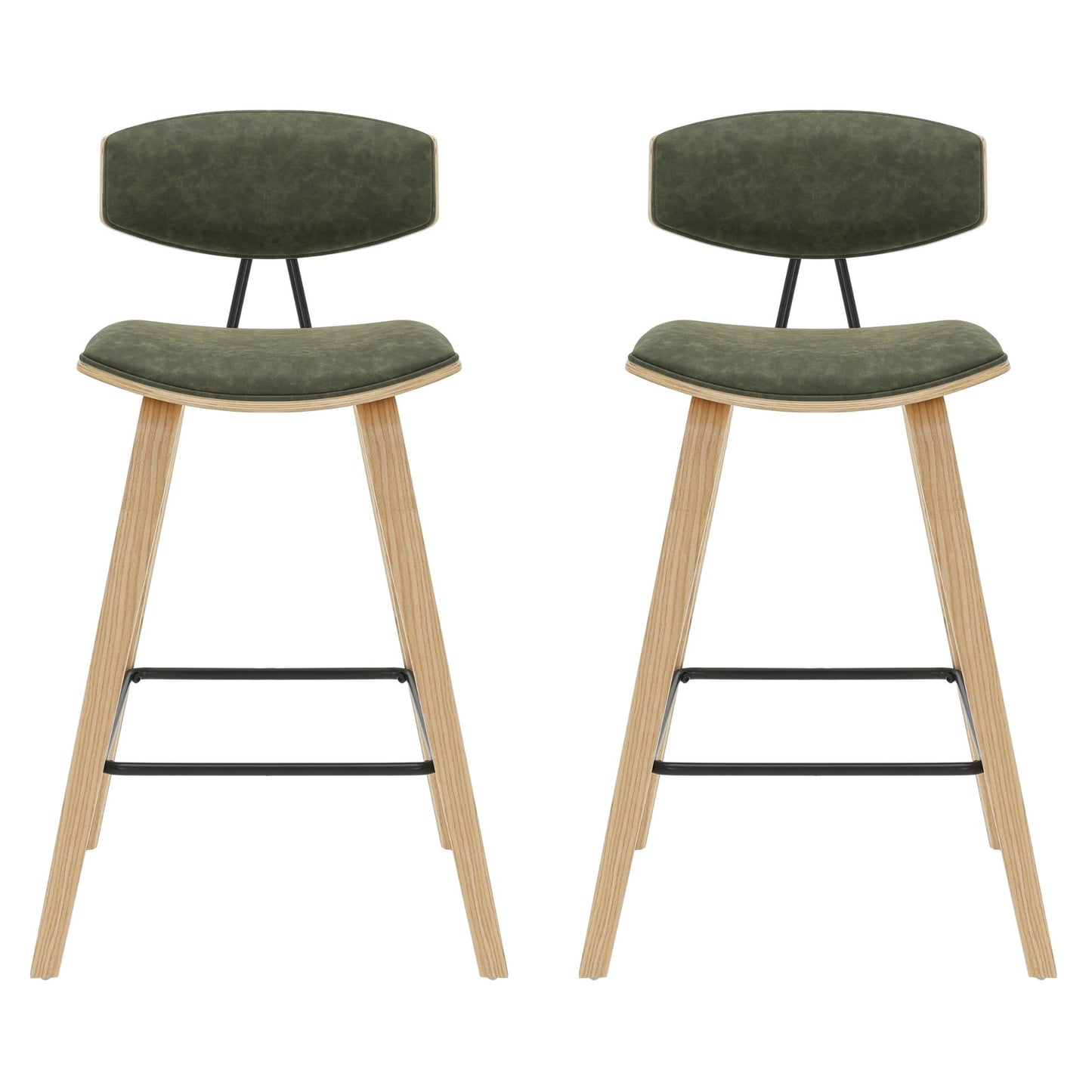 Fox - Counter Height Curved Back Wood Bar Stool With Faux Leather Seat