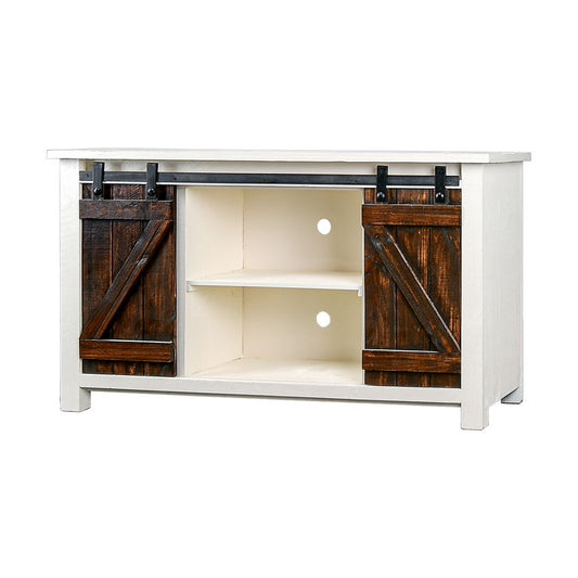 Narrow Barn Door TV Stand - Aged White & Tobacco