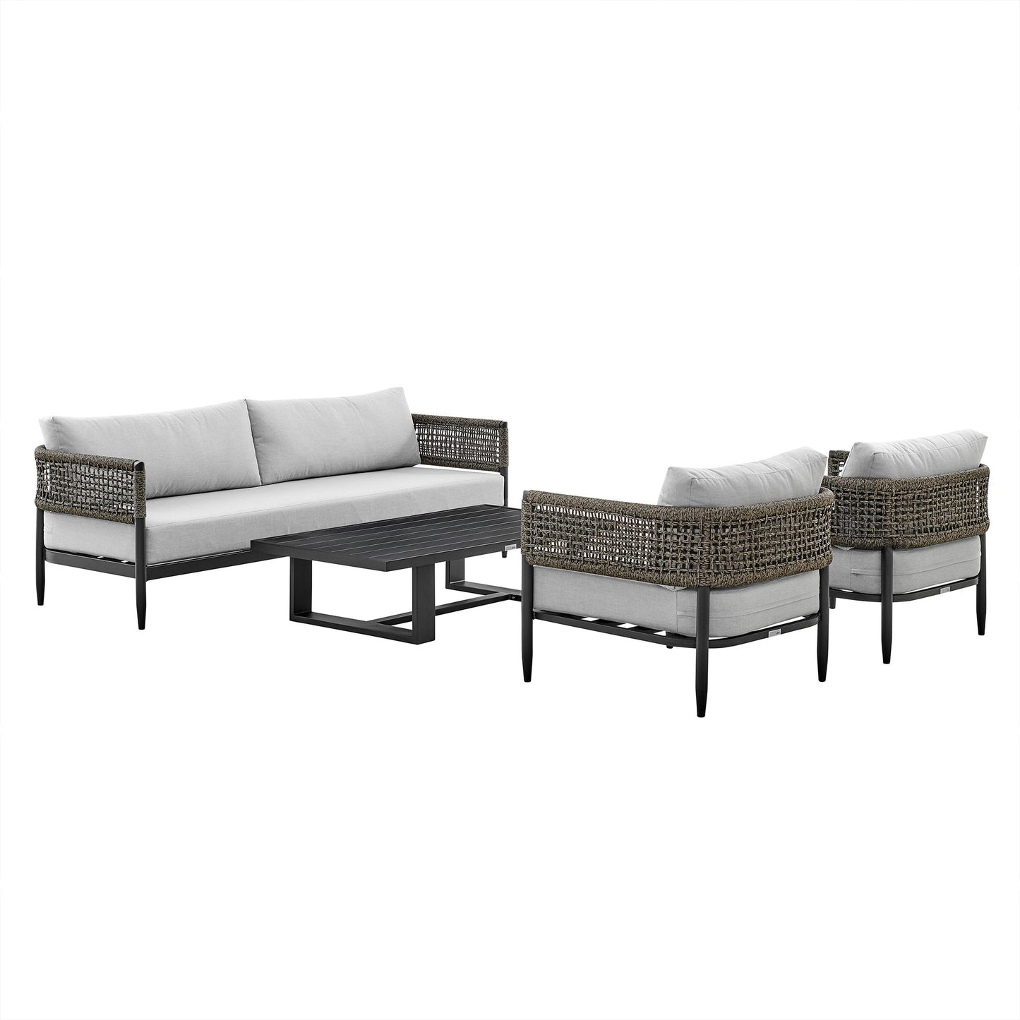 Felicia - 4 Piece Outdoor Aluminum & Rope Conversation Set With Fabric Cushions - Light Gray / Black