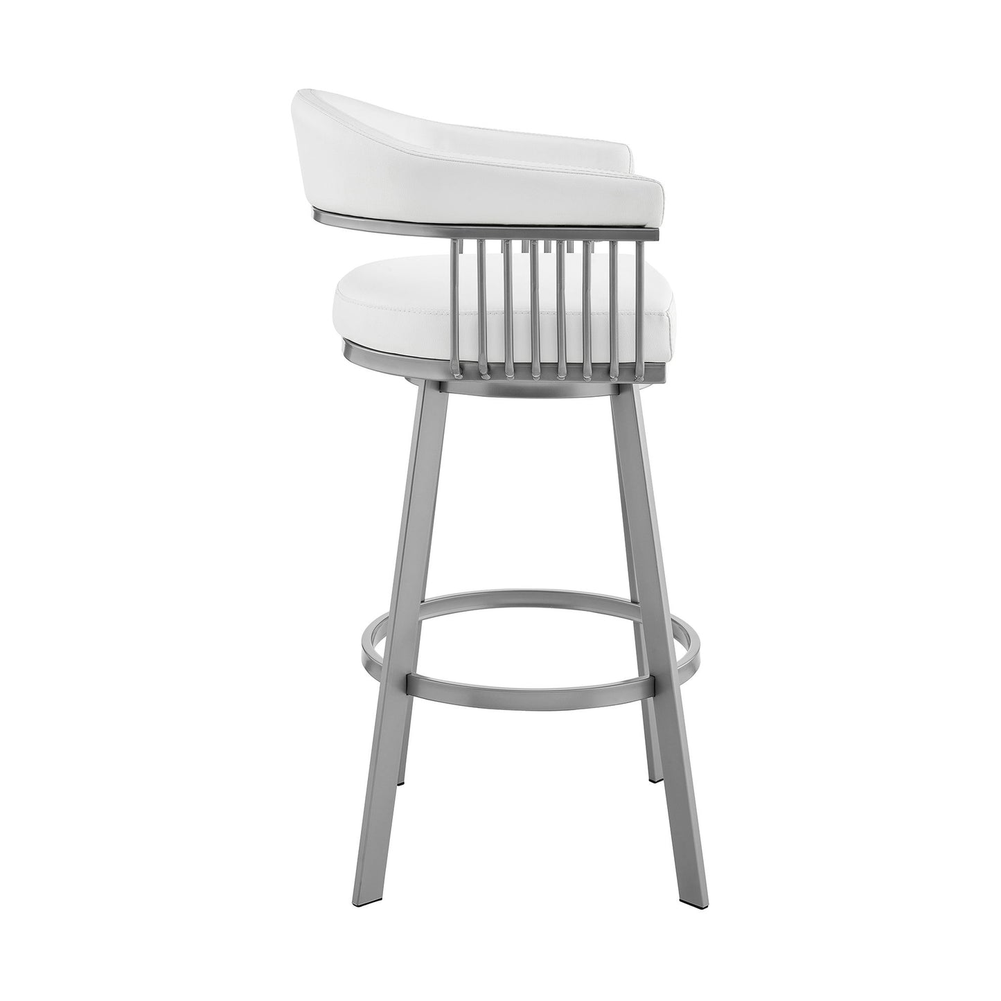 Bronson - 25" Counter Height Swivel Bar Stool - Silver Finish And White Faux Leather