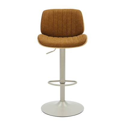 Brock - Adjustable Swivel Curved Back Wood Bar Stool With Faux Leather Seat