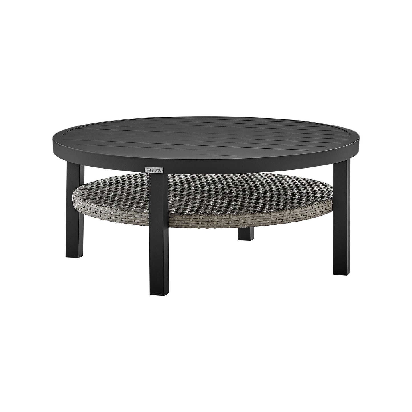 Aileen - Outdoor Patio Round Coffee Table - Black Aluminum With Gray Wicker Shelf
