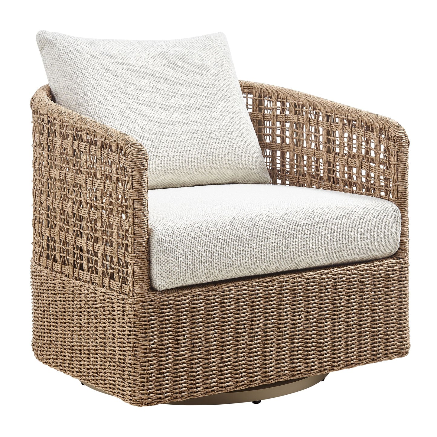 Driftbay - Metal Outdoor Swivel Lounge Chair With Cushions - Boucle White / Natural