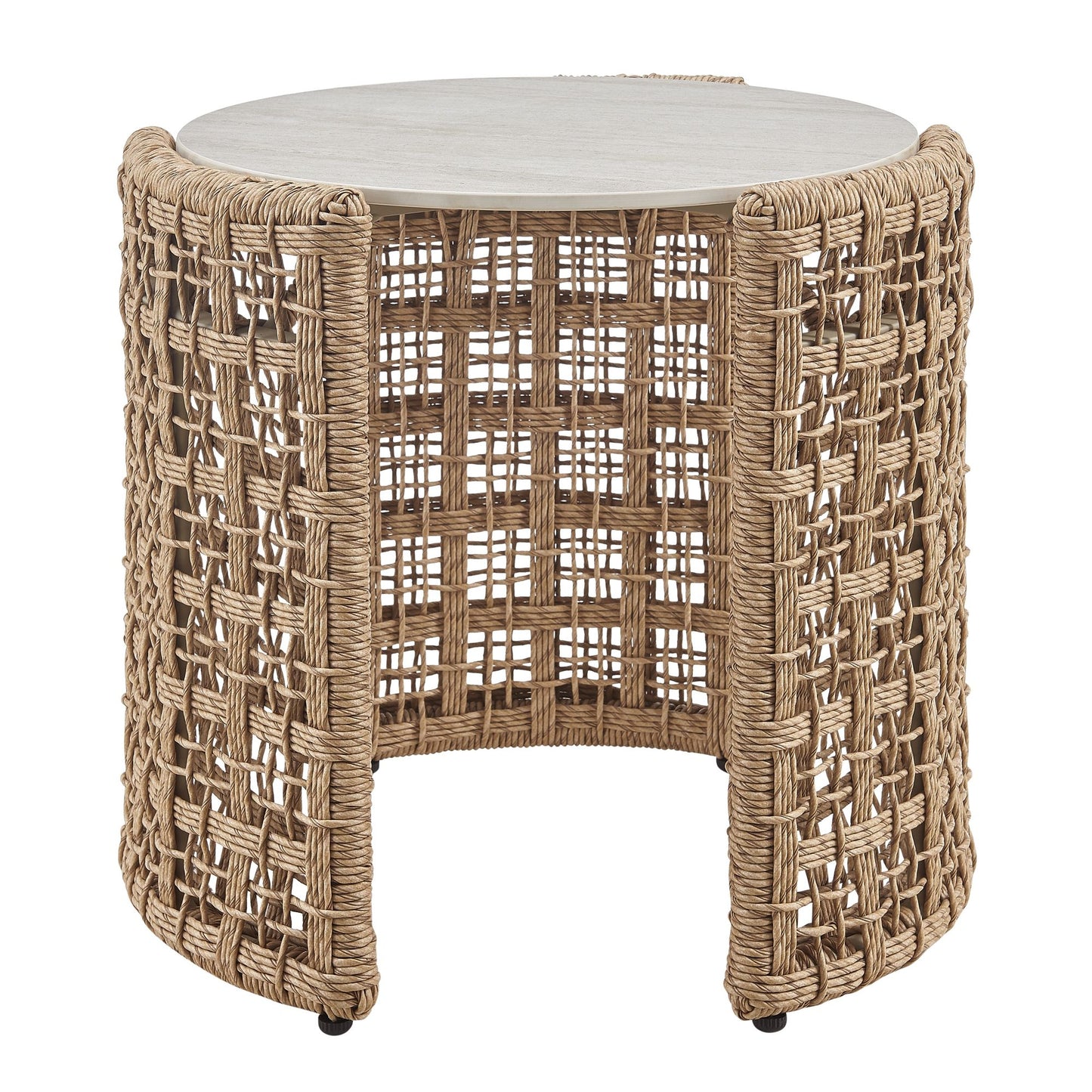 Driftbay - Rattan Round Outdoor Side Table With Sintered Stone Table Top - Natural