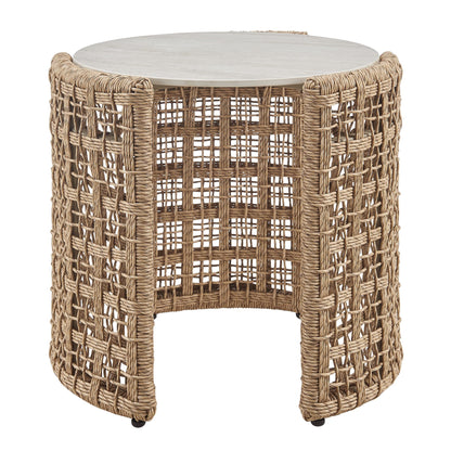 Driftbay - Rattan Round Outdoor Side Table With Sintered Stone Table Top - Natural