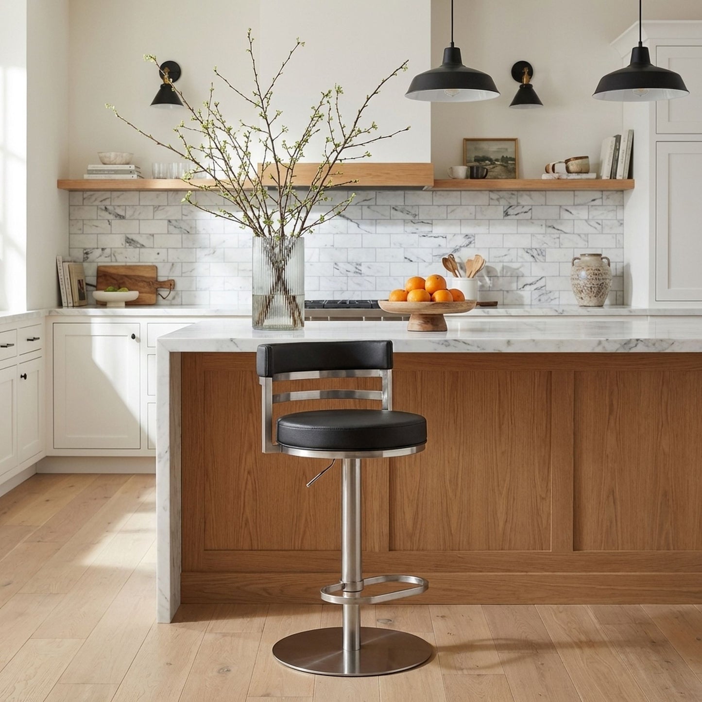 Judi - Modern Industrial Swivel Metal Adjustable Height Barstool With Faux Leather Seat - Silver Finish