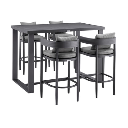 Menorca - Outdoor Patio 5-Piece Bar Table Set In Aluminum With Gray Cushions