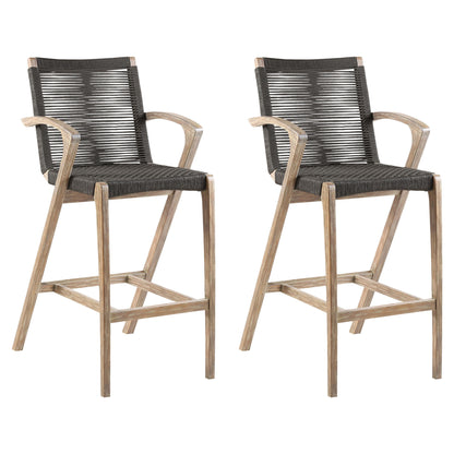 Brielle - Outdoor Light Eucalyptus Wood And Charcoal Rope Bar Height Stool Set