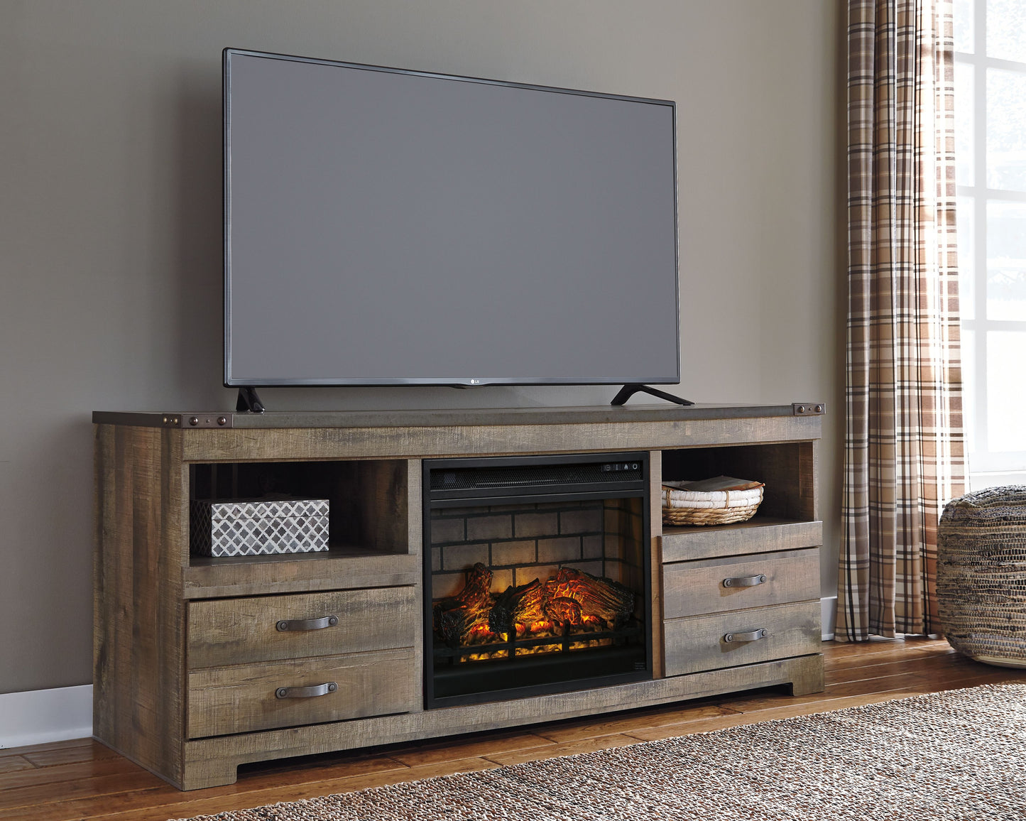 Trinell - 63" TV Stand With Glass/Stone Fireplace Insert - Brown