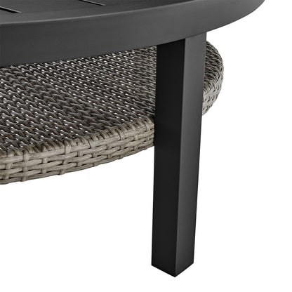 Aileen - Outdoor Patio Round Coffee Table - Black Aluminum With Gray Wicker Shelf