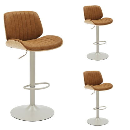 Brock - Adjustable Swivel Curved Back Wood Bar Stool With Faux Leather Seat
