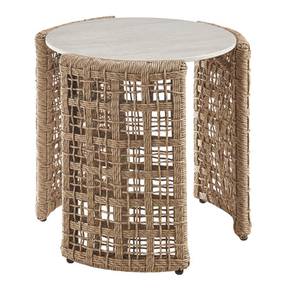 Driftbay - Rattan Round Outdoor Side Table With Sintered Stone Table Top - Natural