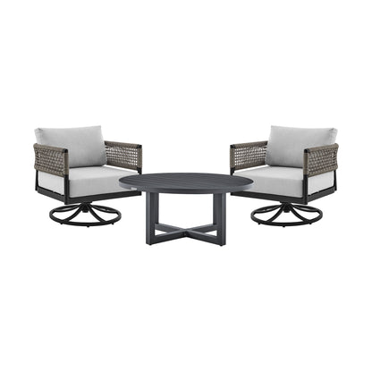 Felicia - And Argiope 3 Piece Patio Outdoor Swivel Seating Set - Black Aluminum With Gray Rope And Cushions