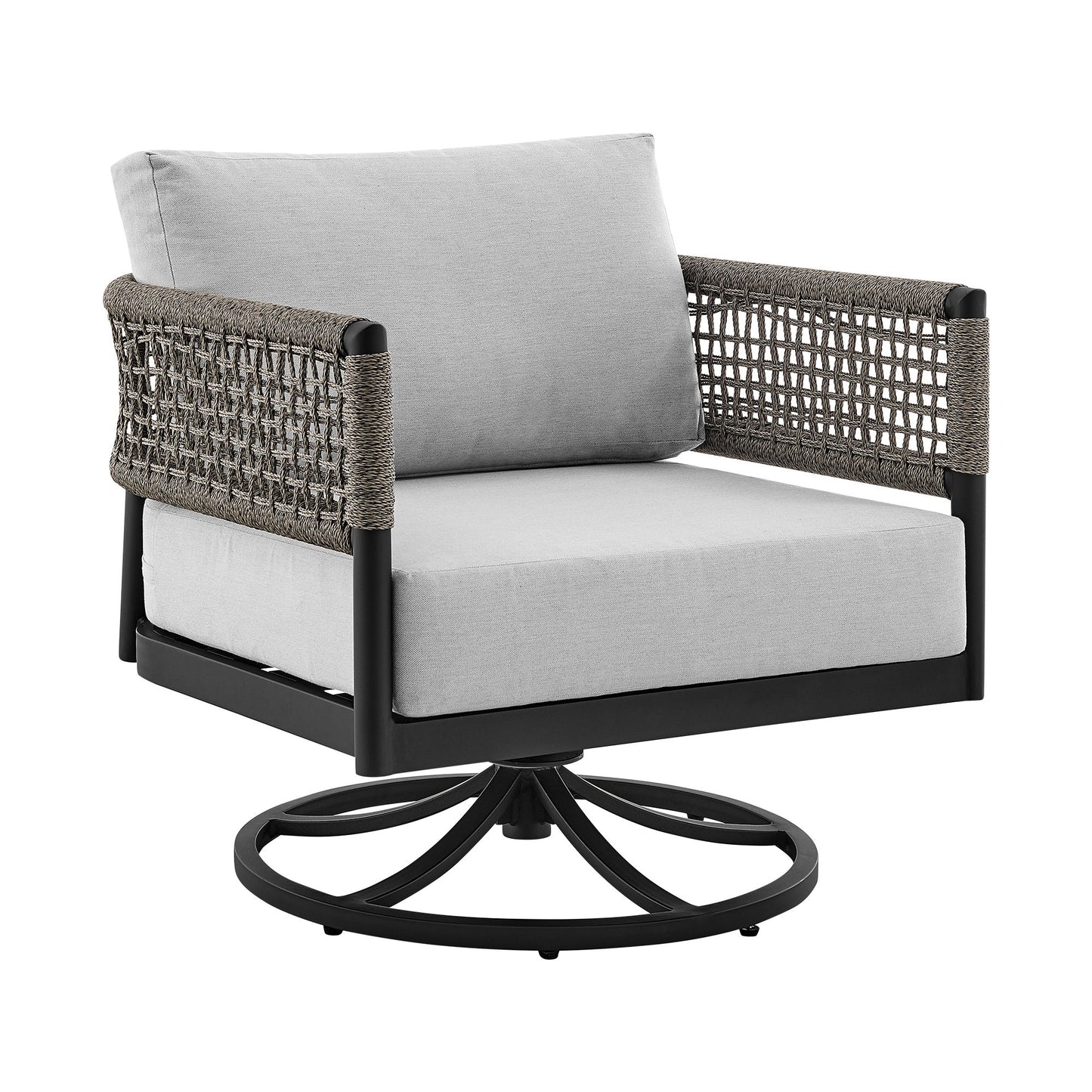 Felicia - Outdoor Patio Swivel Rocking Chair - Black Aluminum And Gray Rope With Cushions